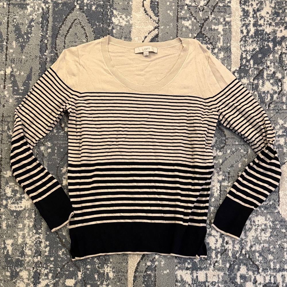 LOFT Black and Cream Striped Knit Top